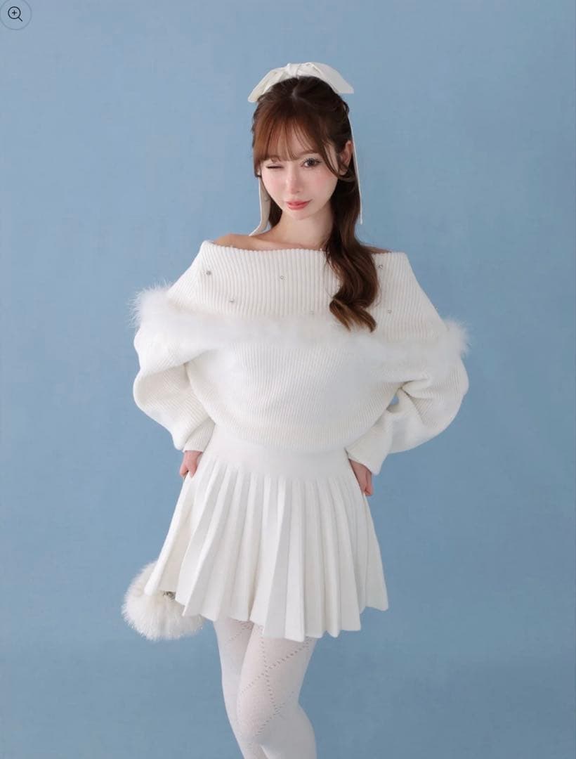 Fur bijou off shoulder mini onepiece 白