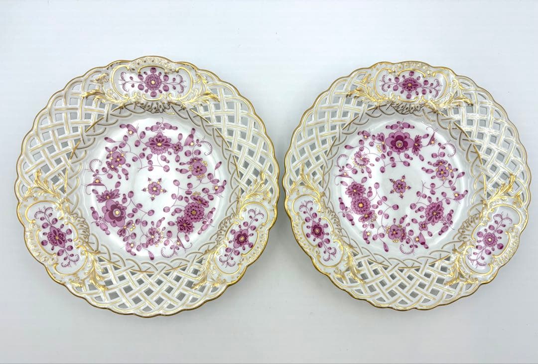 【希少】マイセン　インドの華　リッチピンク　20cm 透かしプレート　2枚セット