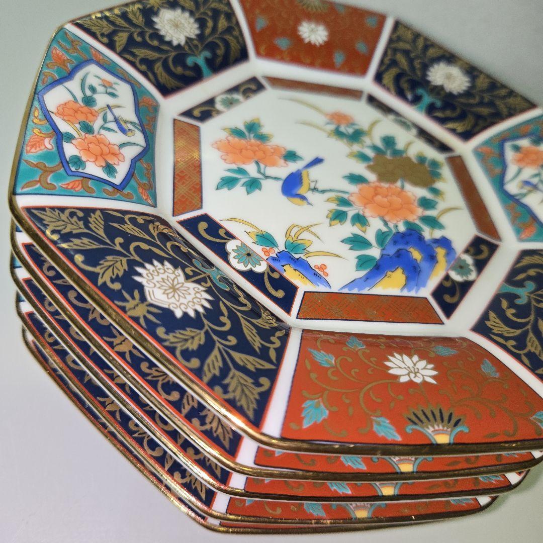 有田焼　青藍窯　古伊万里　金彩　花鳥 八角皿　銘々皿　5客セット