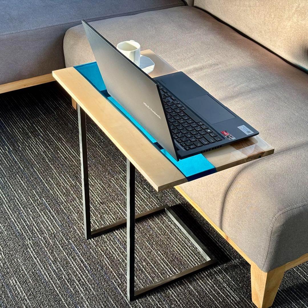 ミニテーブル サイドテーブル デスク リバー レジン 一枚板 アイアン 北欧