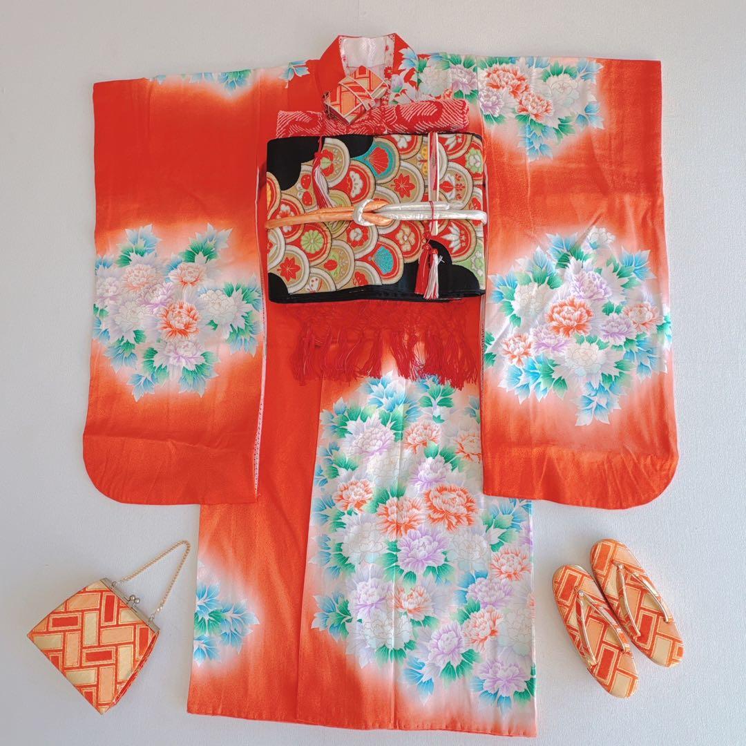 七五三　7歳女の子　フルセット　小物付　比翼仕立　オレンジ地　52517