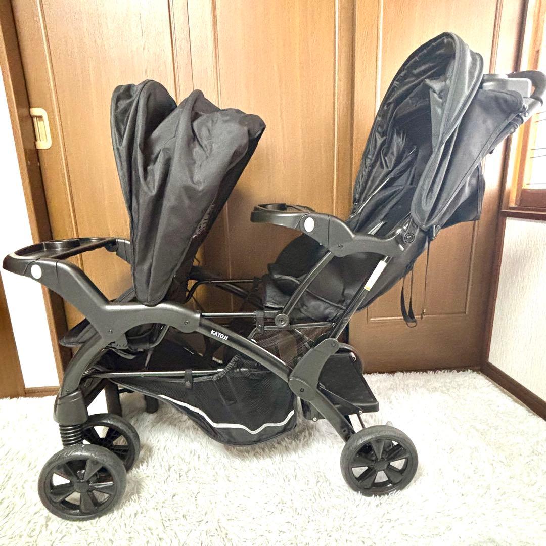 ✨極美品✨KATOJIベビーカー 二人でゴーDX　ブラック黒　レインカバー付き