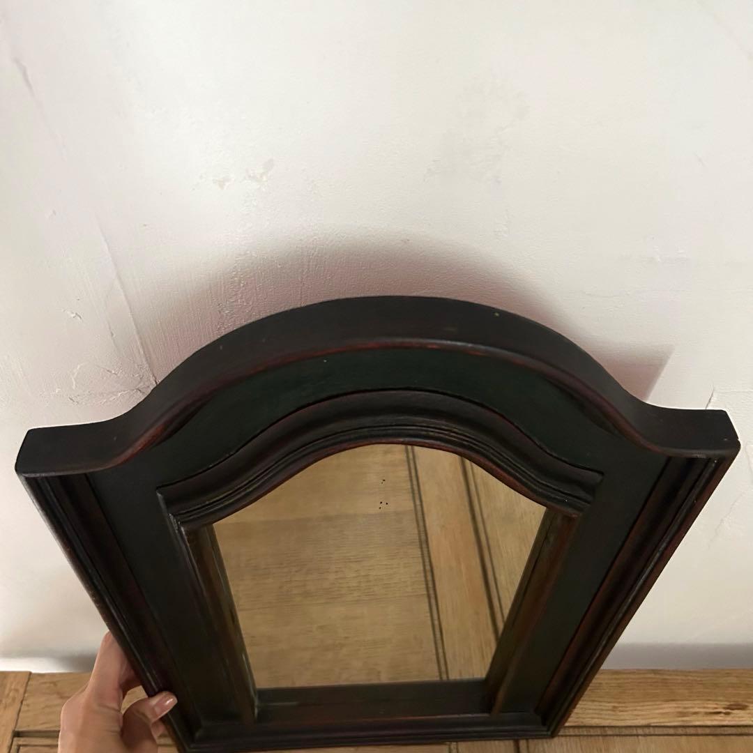 フランスアンティーク　ウォールミラー　鏡　壁掛アーチ　ダークグリーン