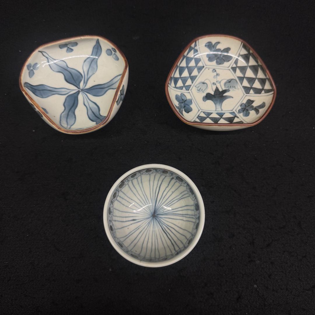 染付　朝顔花紋　五代 佐藤走波 高杯鉢2個　湯呑み1個