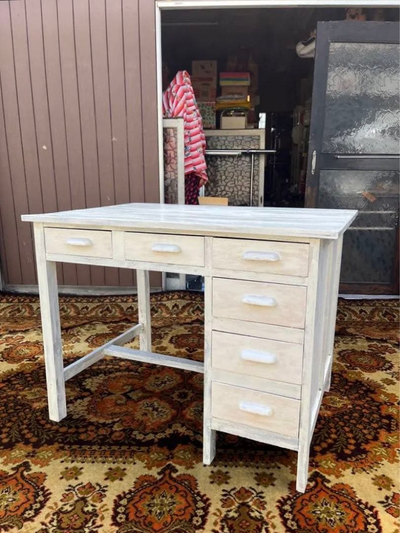 勉強机 学習机 デスク 事務机 昭和レトロ 当時物 インテリア 古道具 白