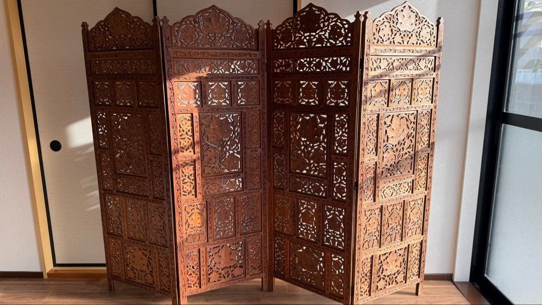 木製彫刻パーテーション 4つ折り
