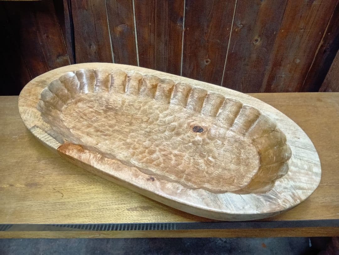 希少　1960's　オールドチーク　無垢材　ウッドカービング　バスケット　トレイ