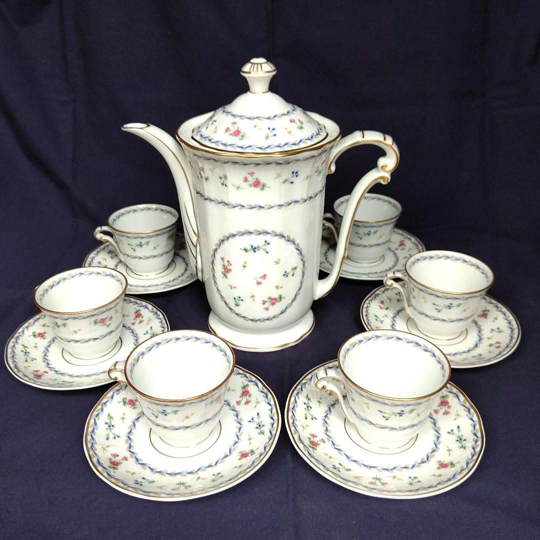 廃盤希少リモージュベルナルド窯アルトワブルーポット&デミタスカップ&ソーサ6客