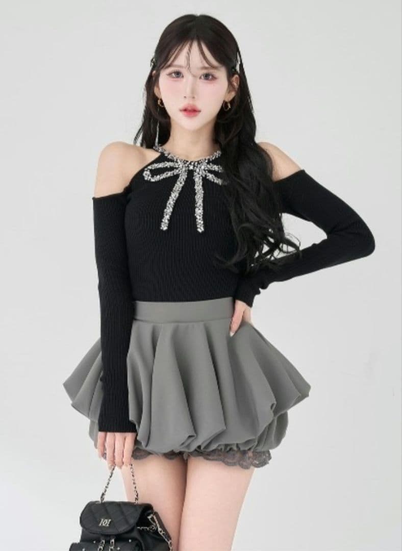 【ラスト1点】ダーリッチ Darich リボンビジューアメスリニットトップス