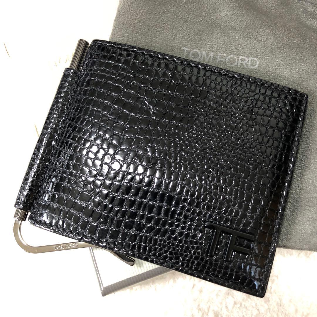 新品未使用　トムフォード　マネークリップ　クロコ型押し　TFロゴ　レザー　黒