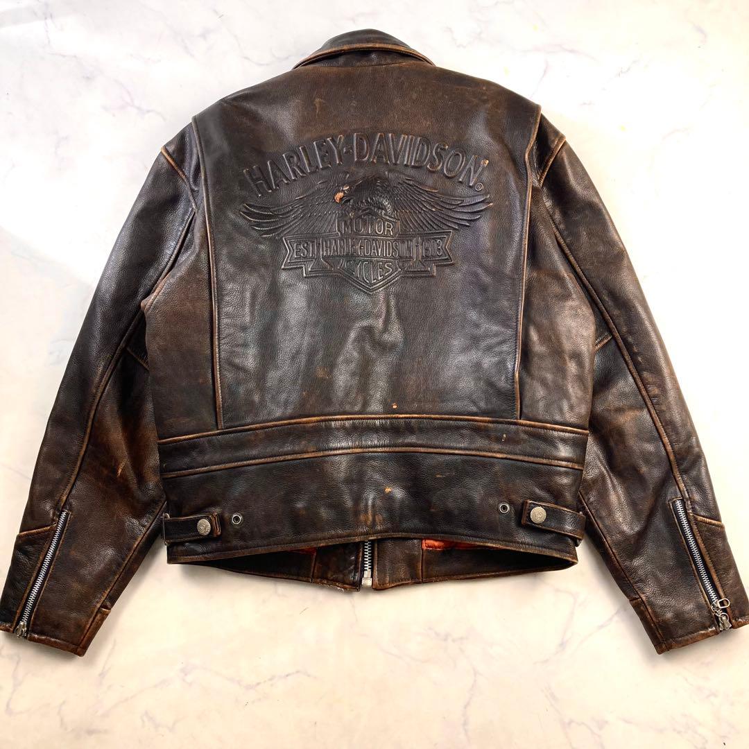 美品 ハーレーダビッドソン シングル ライダース レザージャケット エンボス加工