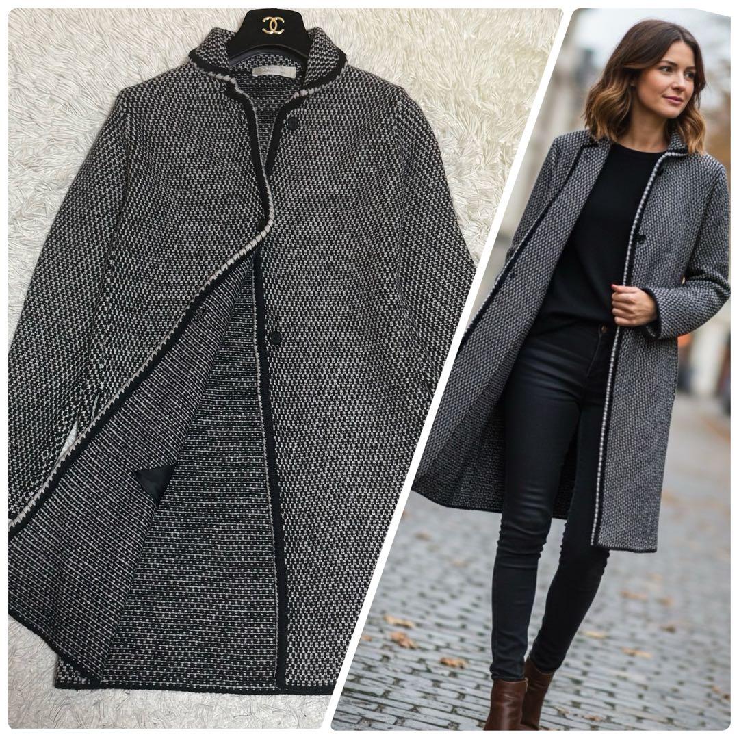 カシミヤ混/美品✨マックスマーラ ロングコート 千鳥柄 S カーディガン 白黒