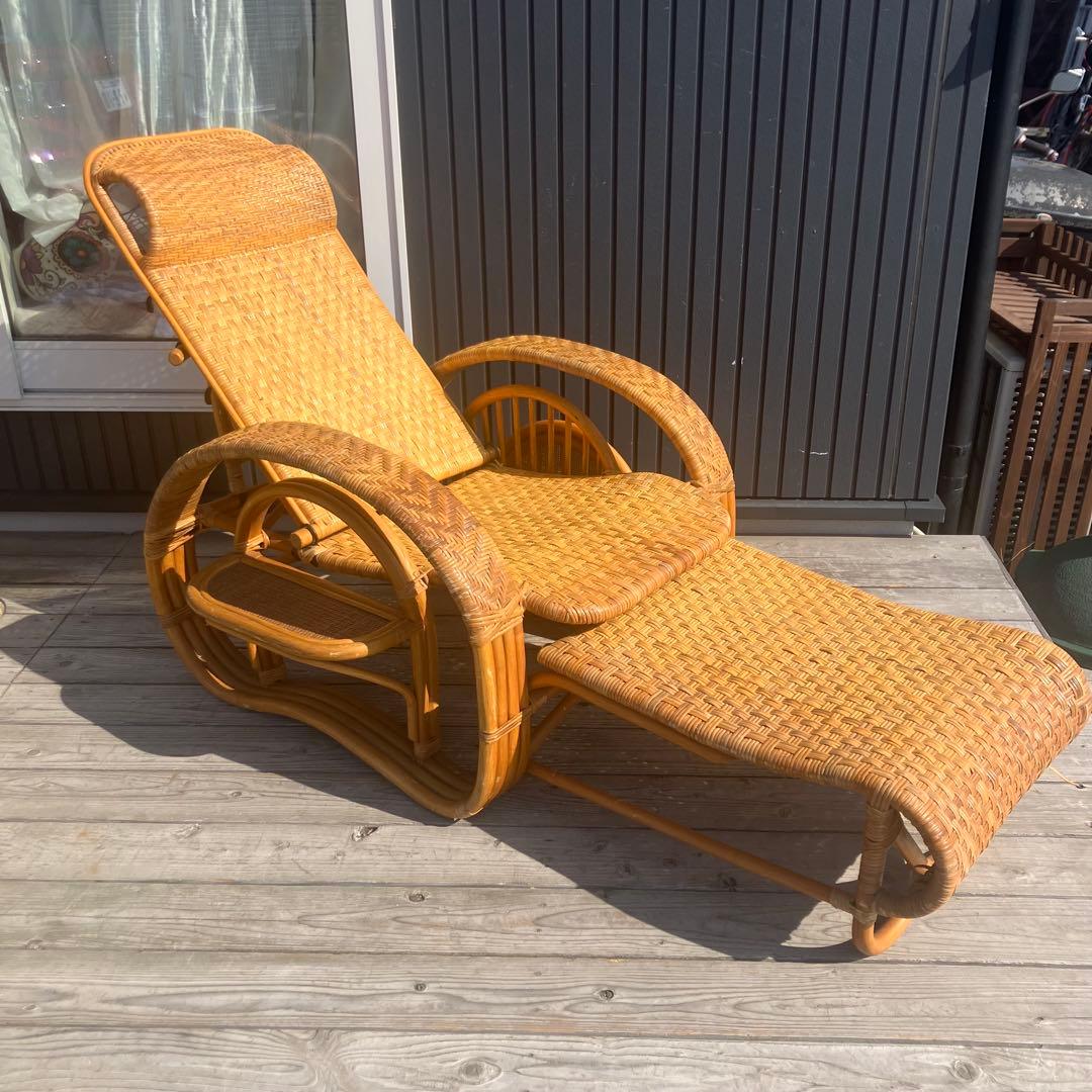 昭和レトロ ラタンリクライニングチェア オットマン付き 1人掛けソファー 古家具