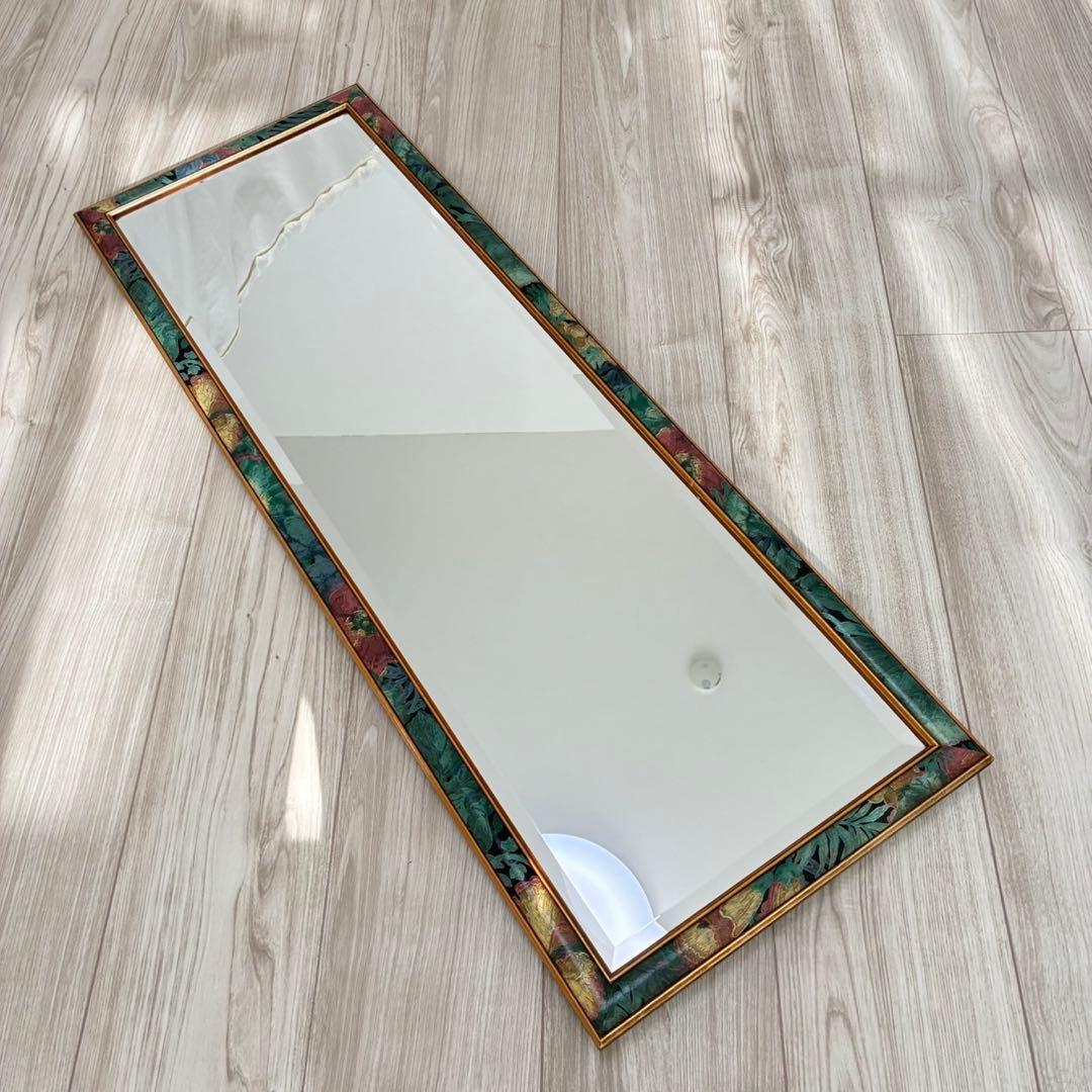 英国長　姿見 ウォールミラー アンティーク調 木製 花柄　鏡　ビンテージ