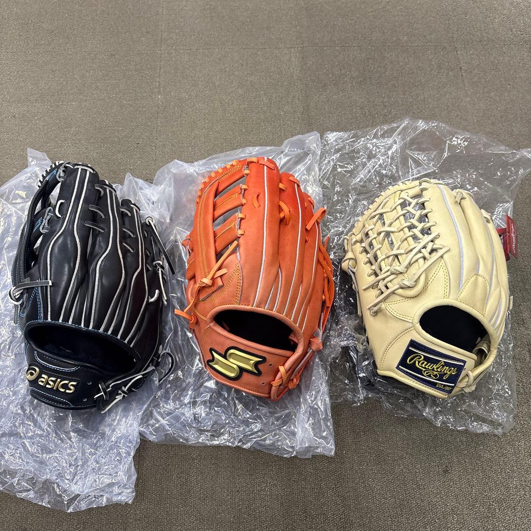 アシックス、エスエスケイ、ローリングス硬式グラブ左投げ用３個セット