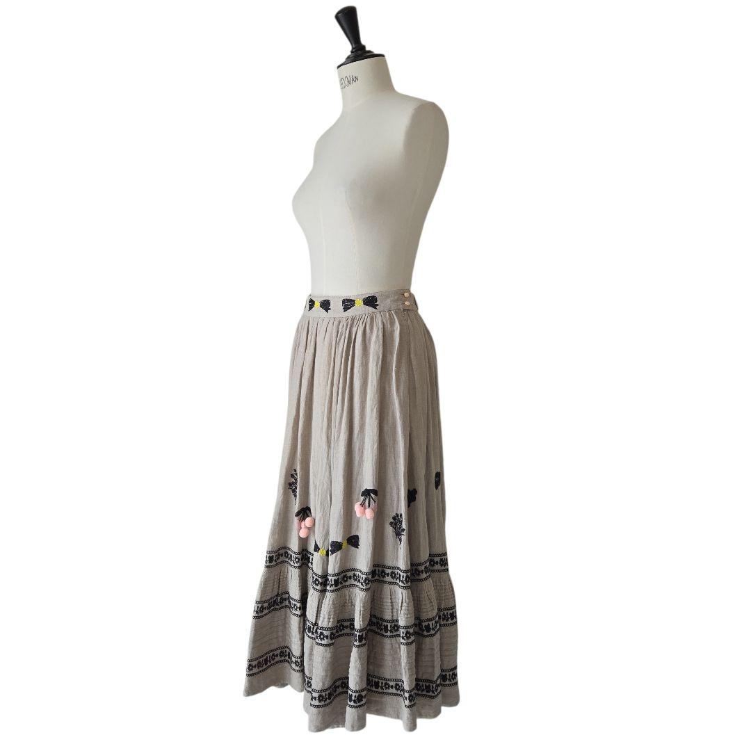 yukiemon ユキエモン リネン ピンタック 刺繍 ロング スカート M