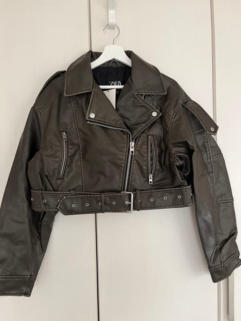 ZARA ダークブラウン クロップドライダースジャケット L