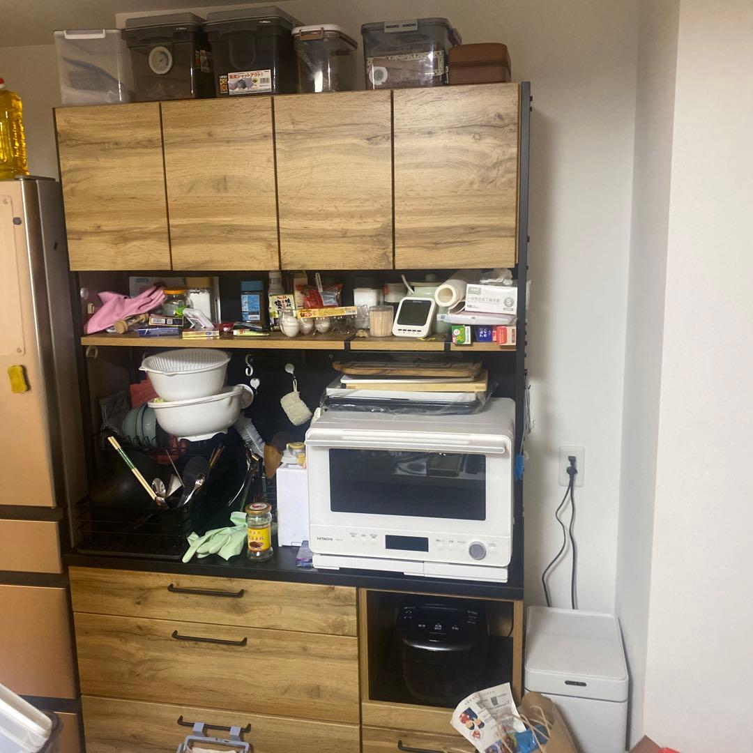 木目調 食器棚 幅広タイプ 引き出し付き