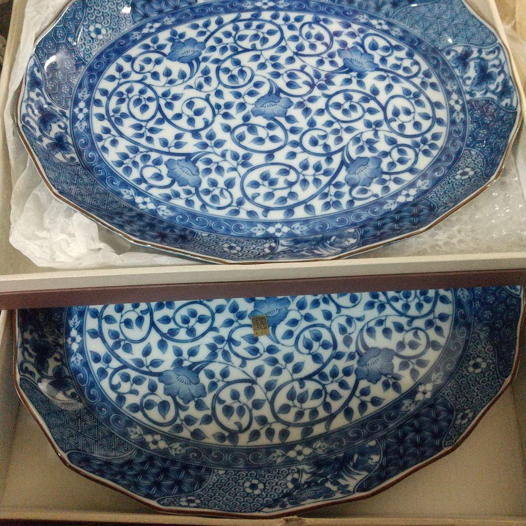 美濃焼・龍峯☆楕円大皿2枚セット　ねじり祥瑞　オードブル皿染付