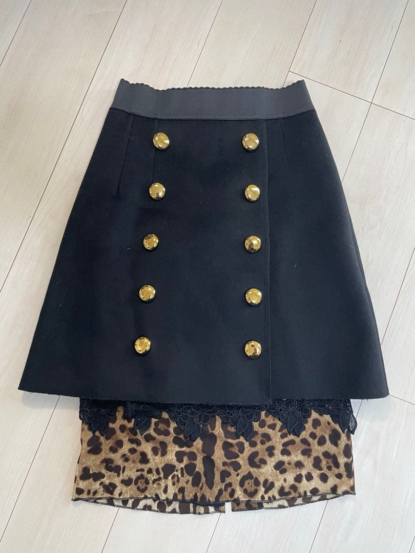 DOLCE&GABBANA　金ボタン　ウール　レオパード　スカート　二重