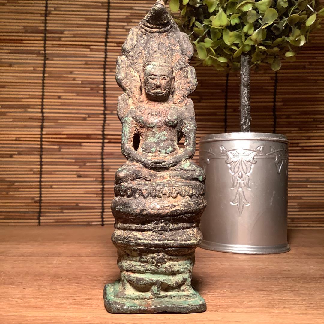 12世紀・スコータイ 「仏陀・蛇神ナーガ」多頭蛇・仏教守護神・￼青銅仏・出土