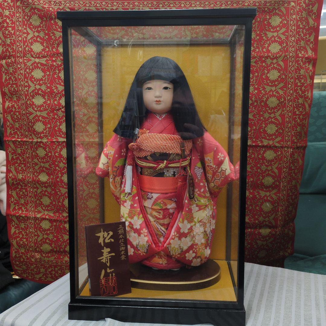 市松人形 赤色着物 ガラスケース入り