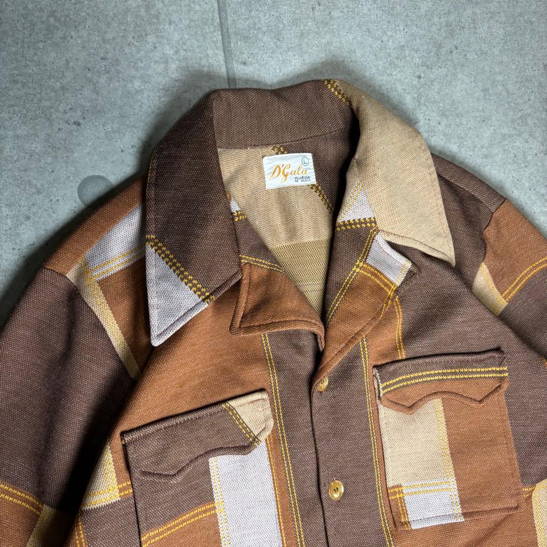 ヴィンテージ　長袖シャツ　ポリシャツ　70s　開襟　ツギハギ　ボックス型　太襟