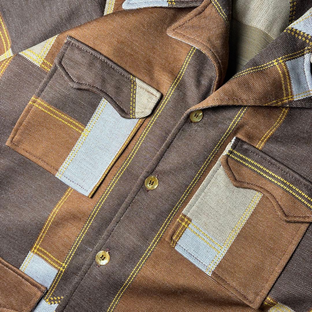 ヴィンテージ　長袖シャツ　ポリシャツ　70s　開襟　ツギハギ　ボックス型　太襟