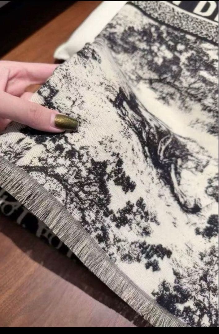 クリスチャンディオール　モノクロ風景画フリンジマフラー