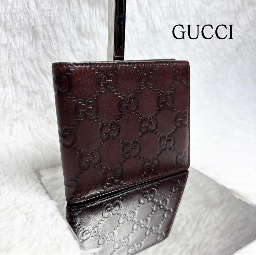 ✨美品✨ グッチ シマ 二つ折り財布 お札入れ GG柄 ブラウン 茶 レザー