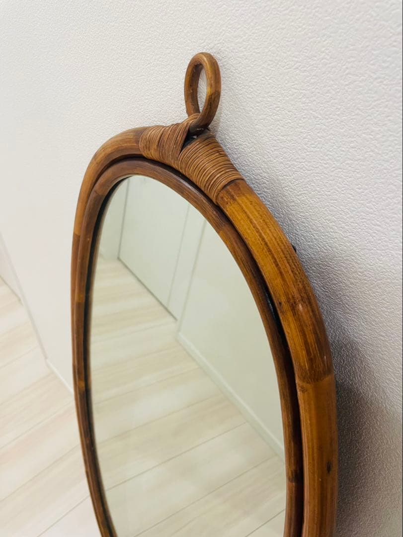 アンティーク ラタン 天然木 壁掛け鏡 ウォールミラー