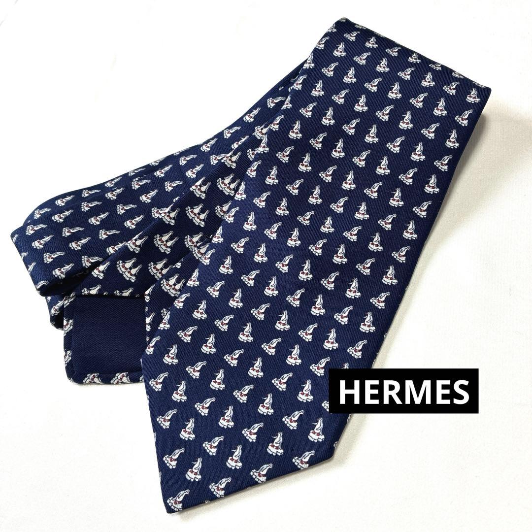 ◆HERMES エルメス ネクタイ 美品 ペンギン 総柄 ネイビー シルク