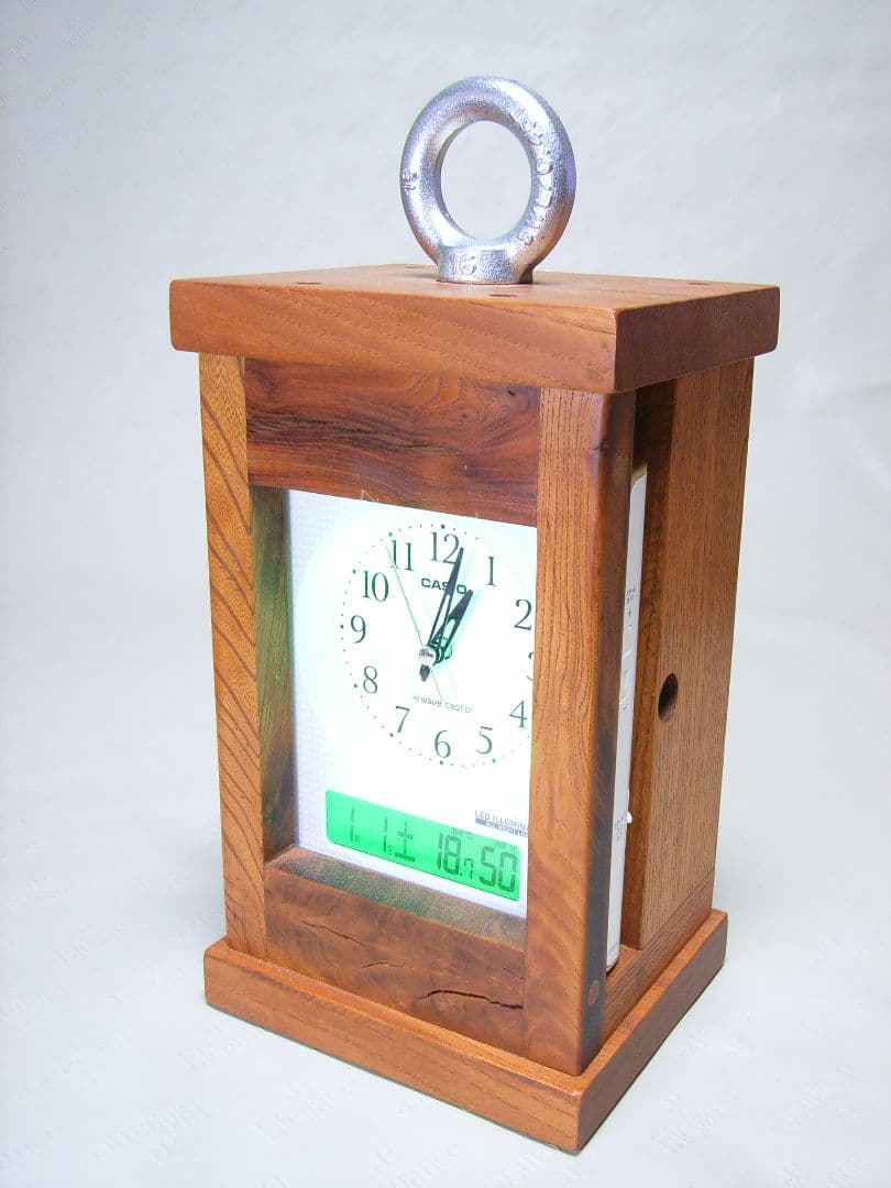 V012総欅板材M16アイボルト付電波目覚まし時計（カシオTQT−351NJ使用