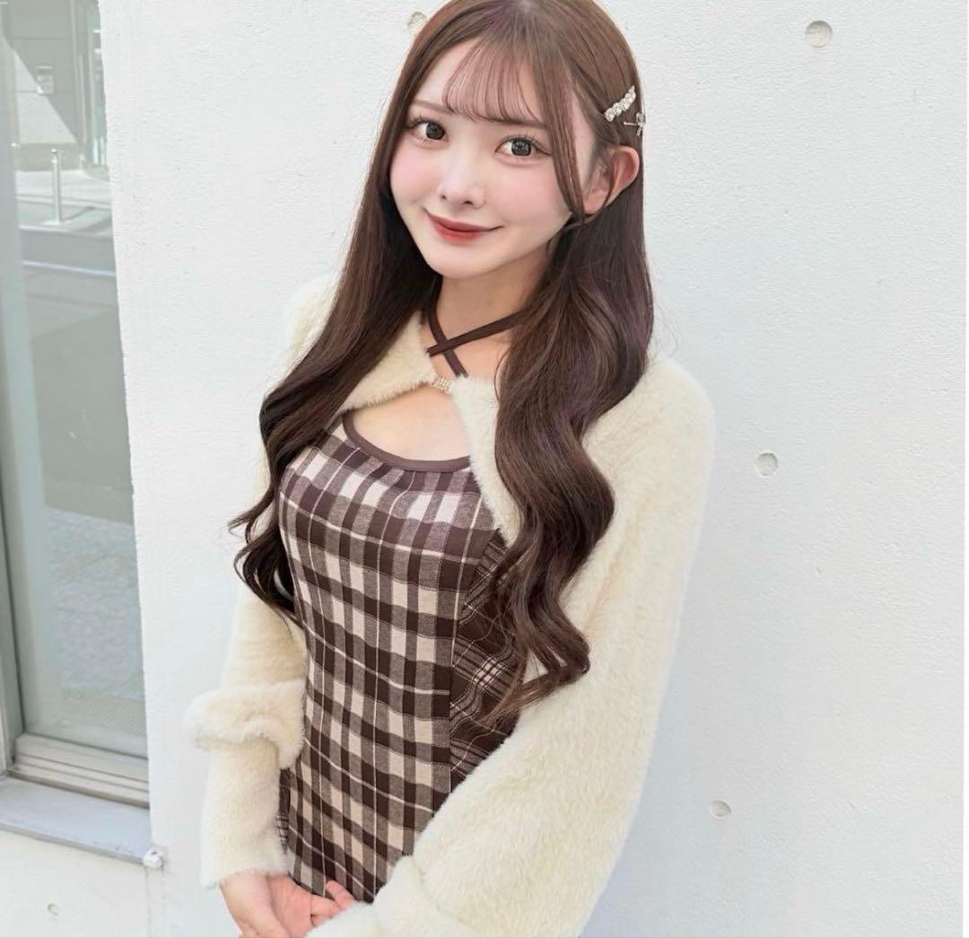 one way NOMAE シャギーボレロロングチェックワンピース