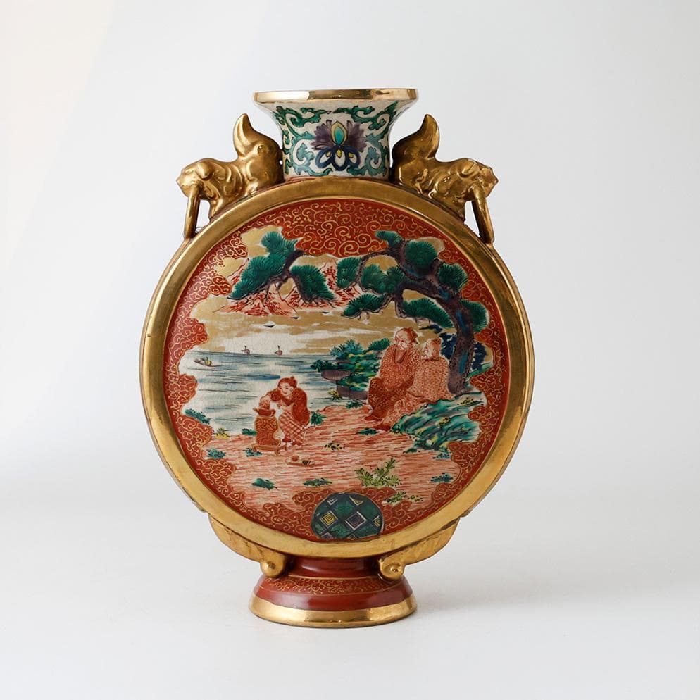 九谷焼 庄三 赤絵 金彩 角福 松下賢人図 扁平花瓶 双耳 花入 花器 花瓶 壷