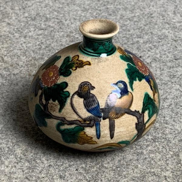 九谷焼青手角福菊に小鳥図油壺 [B28383]