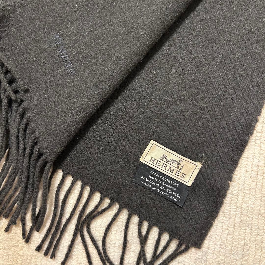 HERMES (エルメス) ロゴ刺繍 カシミア マフラー チャコールグレー