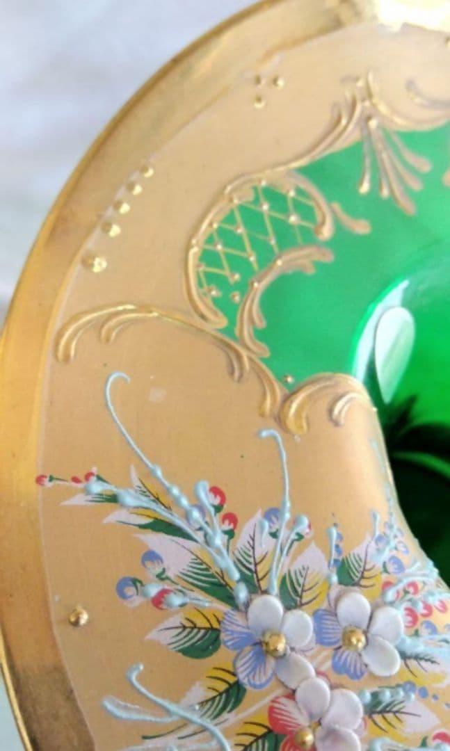 お値下げ　ベネチアンガラス バスケット グリーン　金 　花器　インテリ　美術品