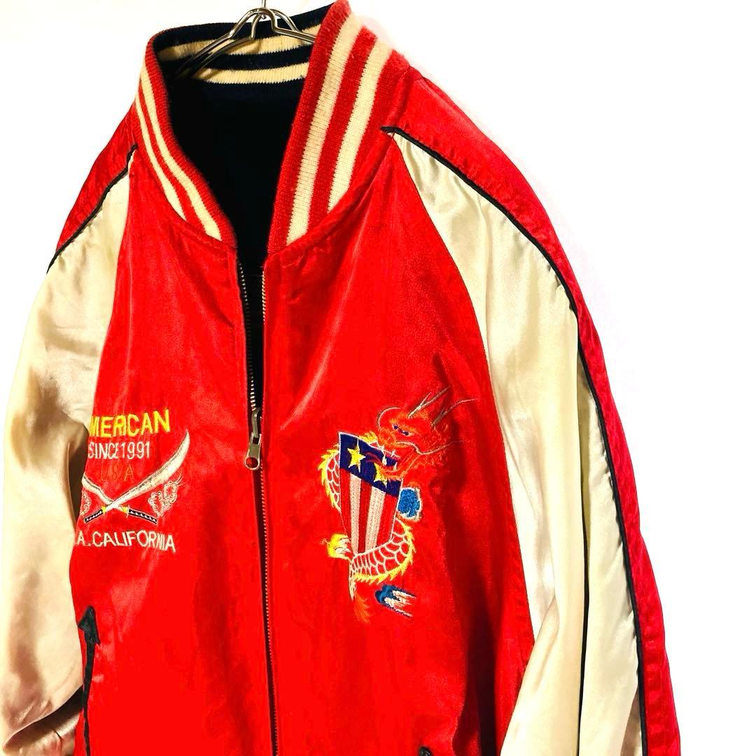 リバーシブル スカジャン ベロア×サテン 龍 刺繍 星条旗 90s Mサイズ