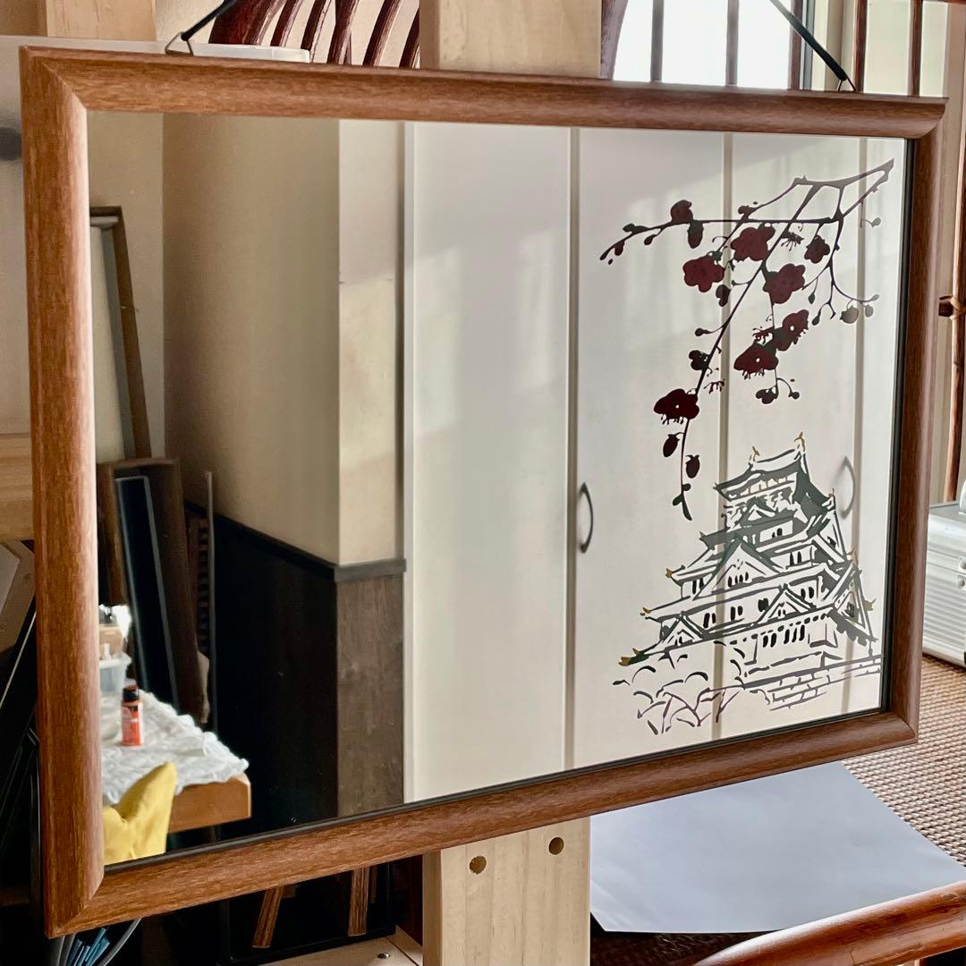 ハンドメイド　インテリア　壁掛け　鏡　梅と城/Japanese Style
