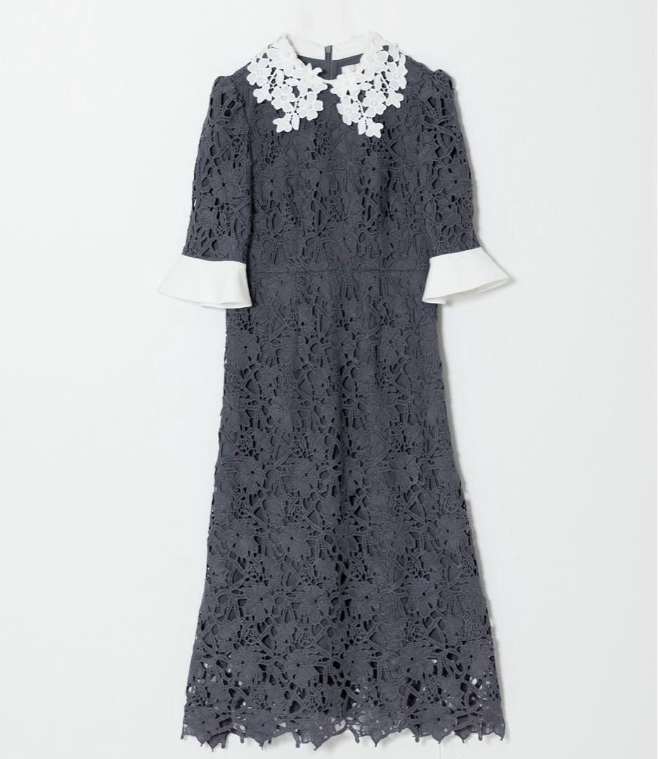 LEJA 花柄レースカラースパンコールAラインワンピースドレス