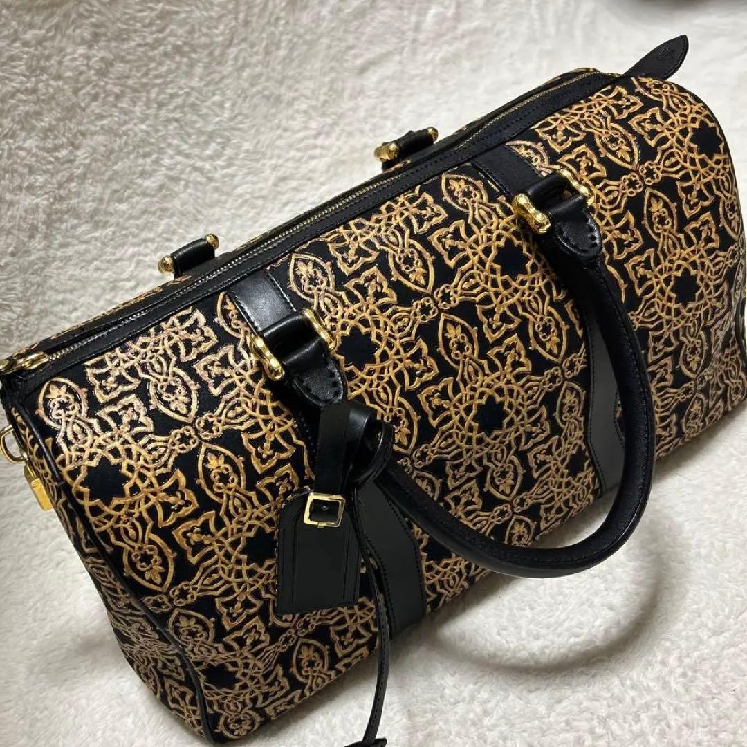 印傳屋 ボストンバッグ ハンドバッグ　キナート アラベスク 鹿革 レザー 鍵付き