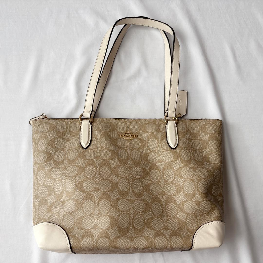 美品 COACH コーチ トートバッグ PVC 上品コーデ ベージュ/ホワイト