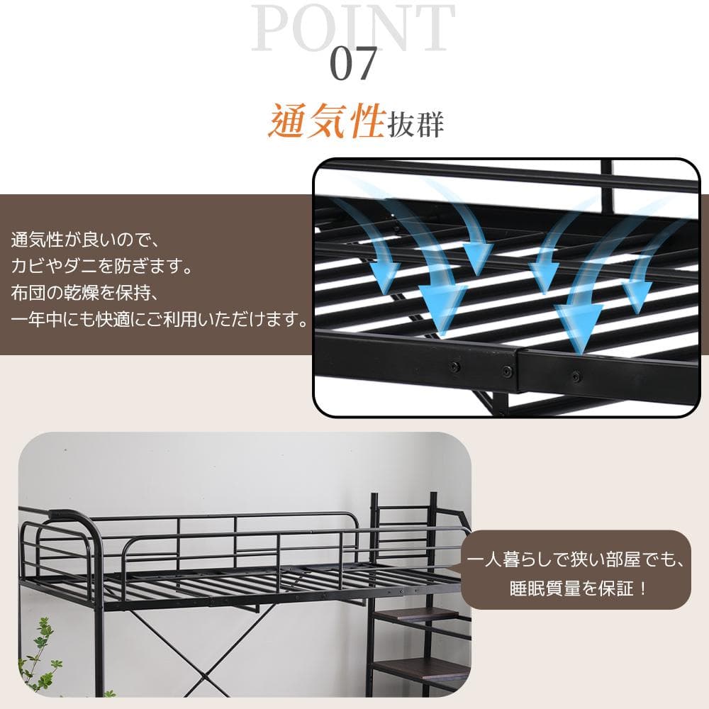 システムベット ロフトベッド シングル デスク付きコンセント付き収納付きホワイト