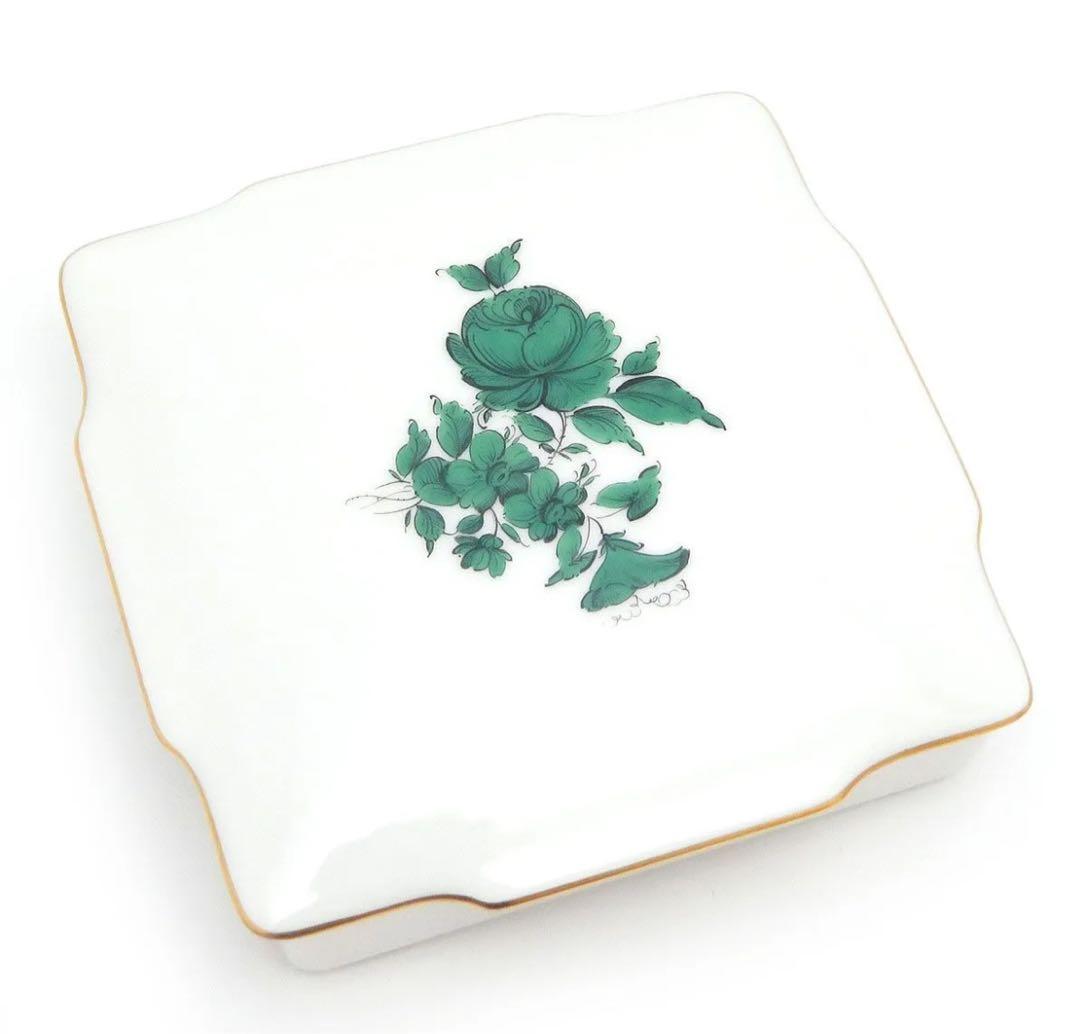 アウガルテン 小物入れ マリアテレジア 緑色のバラ 磁器 金彩【中古】