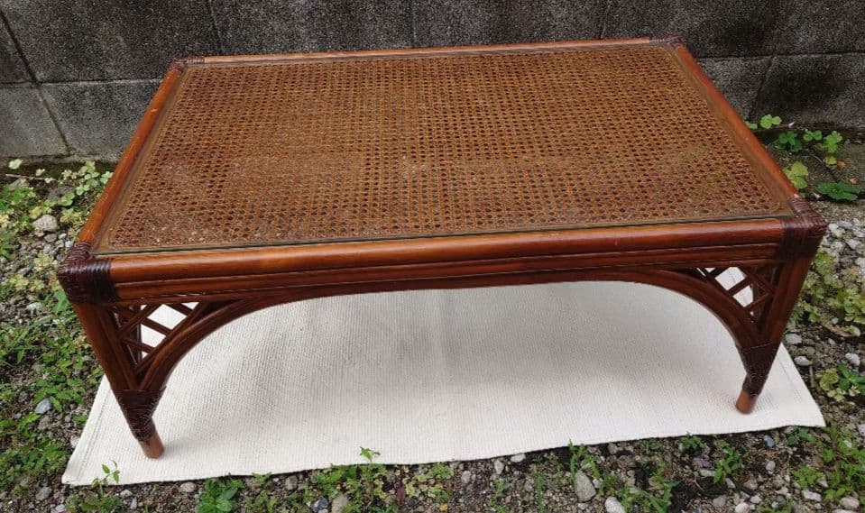 ラタン ガラス テーブル 座卓 卓袱台 机 藤 籐 木製 アンティーク レトロ