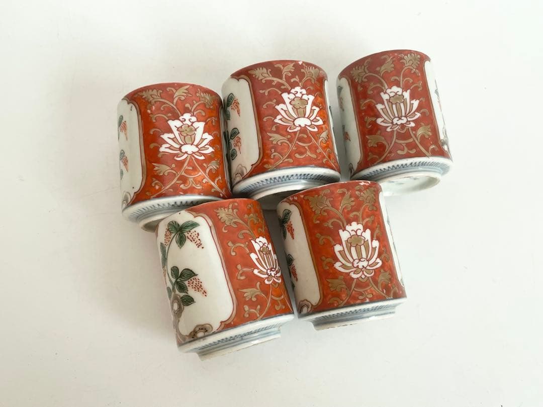 骨董　アンティーク　古伊万里　色絵　覗き猪口　　5客　筒杯　共箱